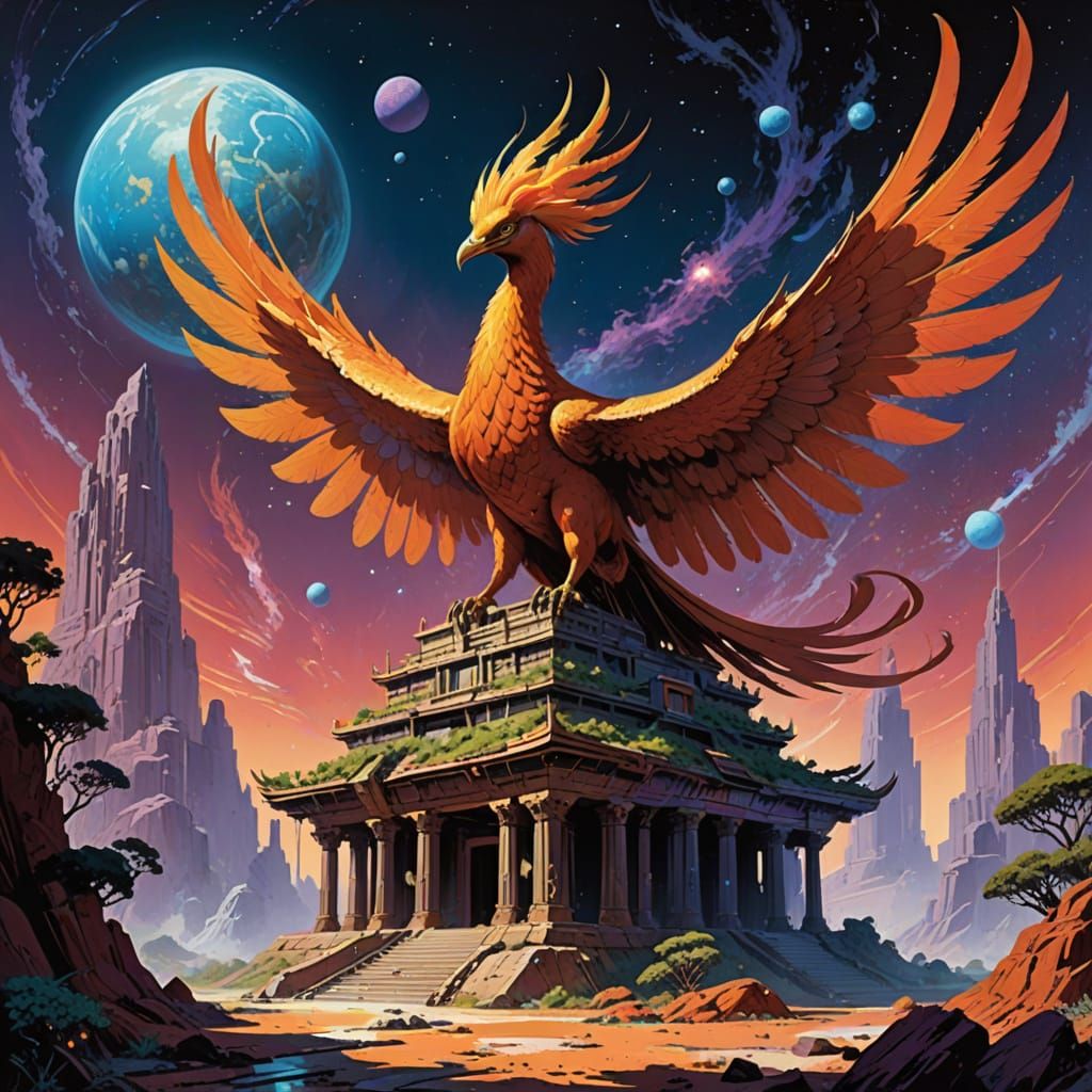 Galactic Phoenix on Ancient Temple - Digital Painting