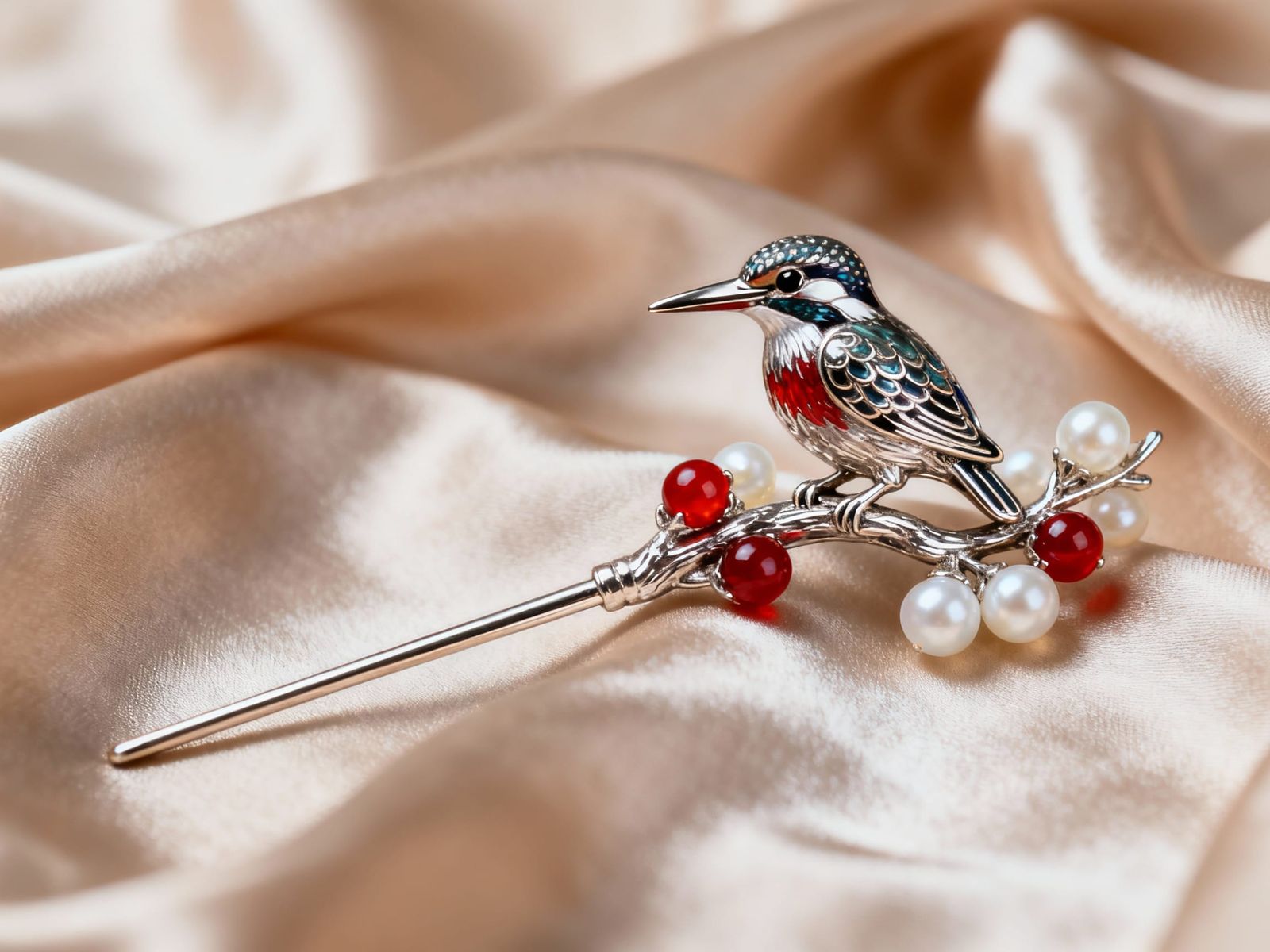 Intricate Kingfisher Hairpin with Pearls on Silk