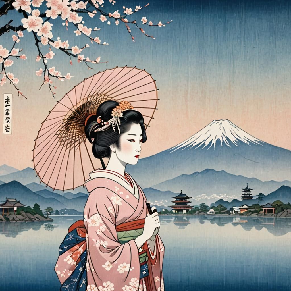 Geisha Under Sakura Tree: Ukiyo-e Woodblock Print