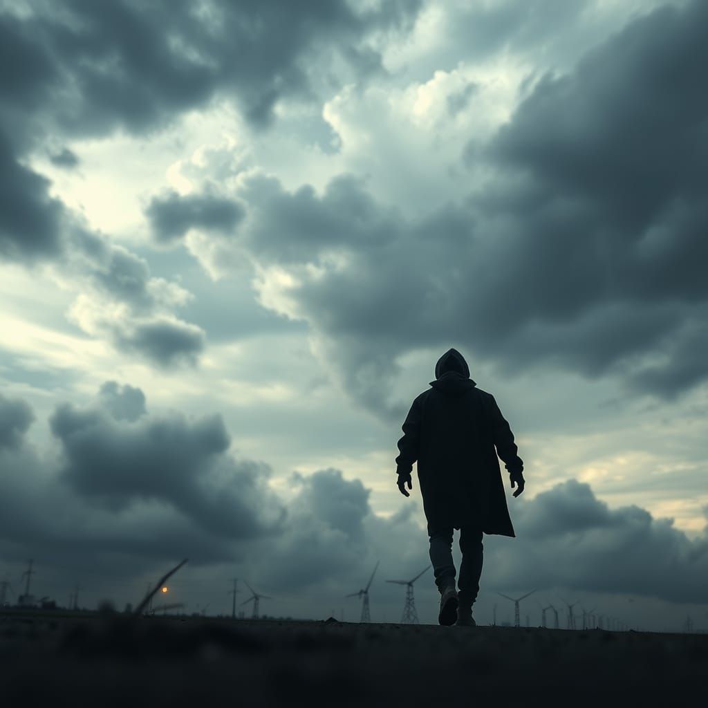 Desperate Figure Frozen in Ominous Skies