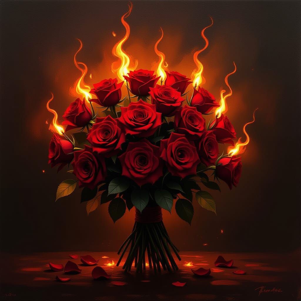 Fiery Red Roses in Dramatic Oil Painting Style
