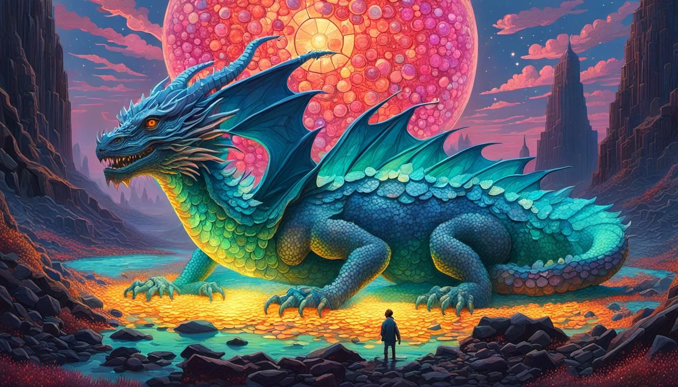 Opal Dragon Guarding Treasure in a Mystical Labyrinth