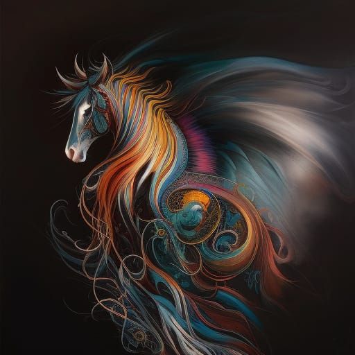 Colorful Willowy Horse in Detailed Gouache Painting