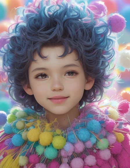 Whimsical Boy Covered in Pom Poms: Digital Art