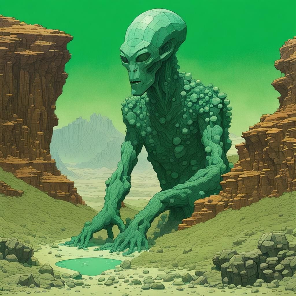 Emerald Alien Sculpture on Jade Planet, Ligne Claire