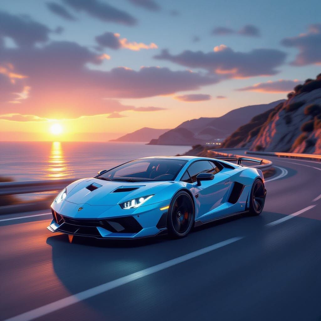 Futuristic Sports Car on Coastal Road at Sunset