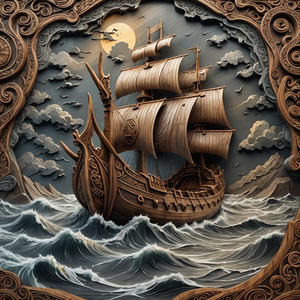 Ship at Sea relief carving