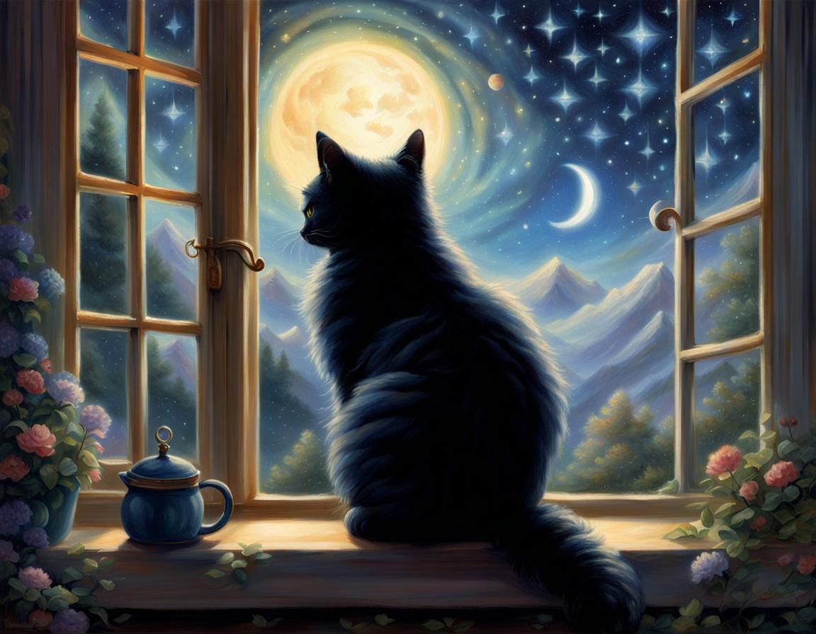 Black Cat Gazing at Stars, Ethereal Fantasy Art