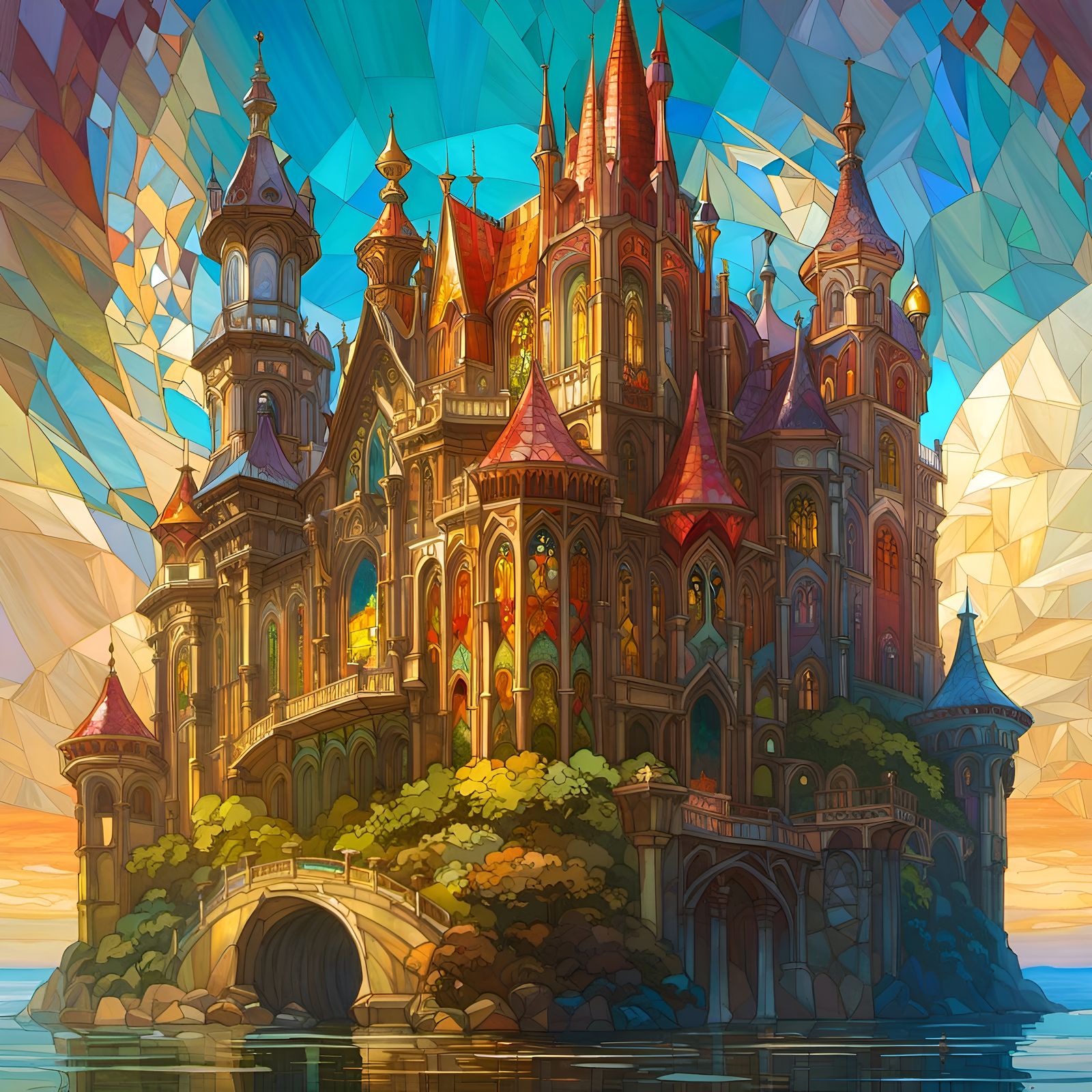 Stained Glass Castle in Art Nouveau Style