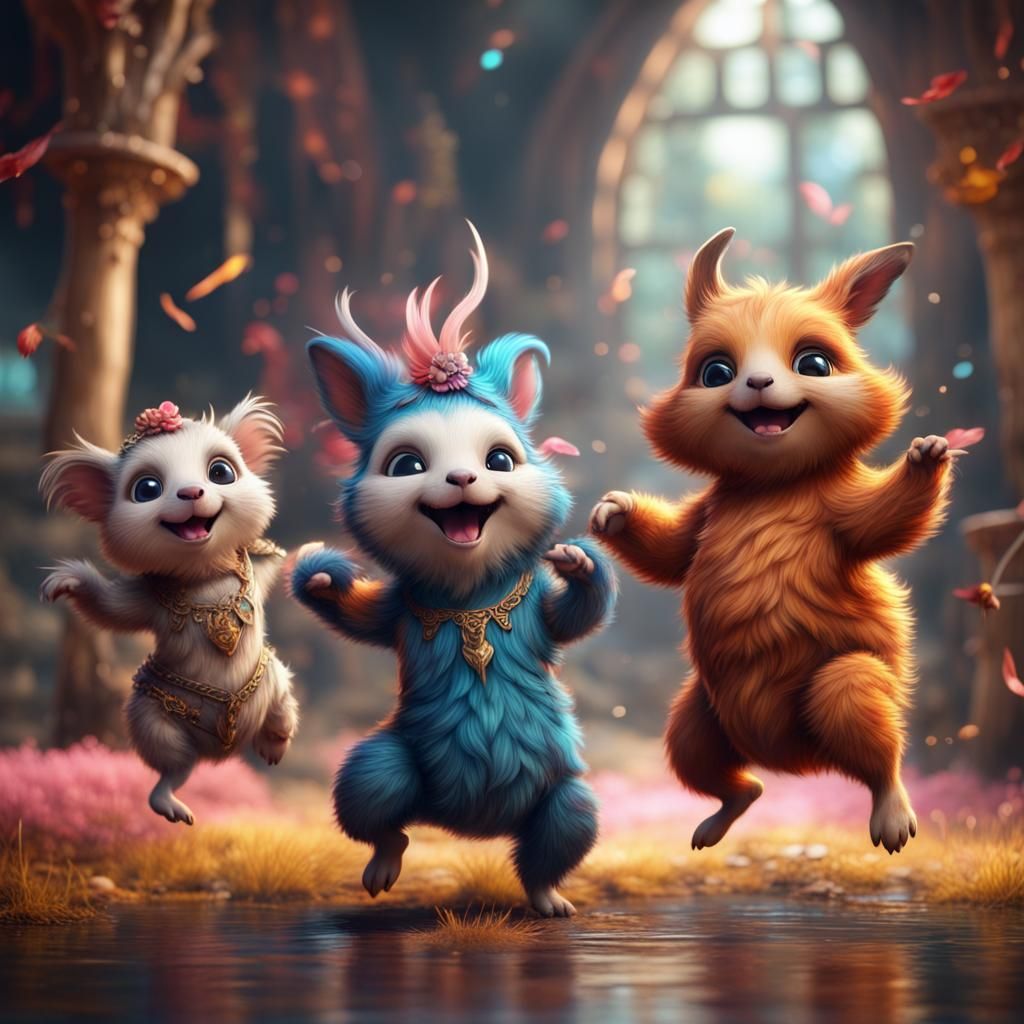 Cute Animals Dancing in Detailed Matte Painting