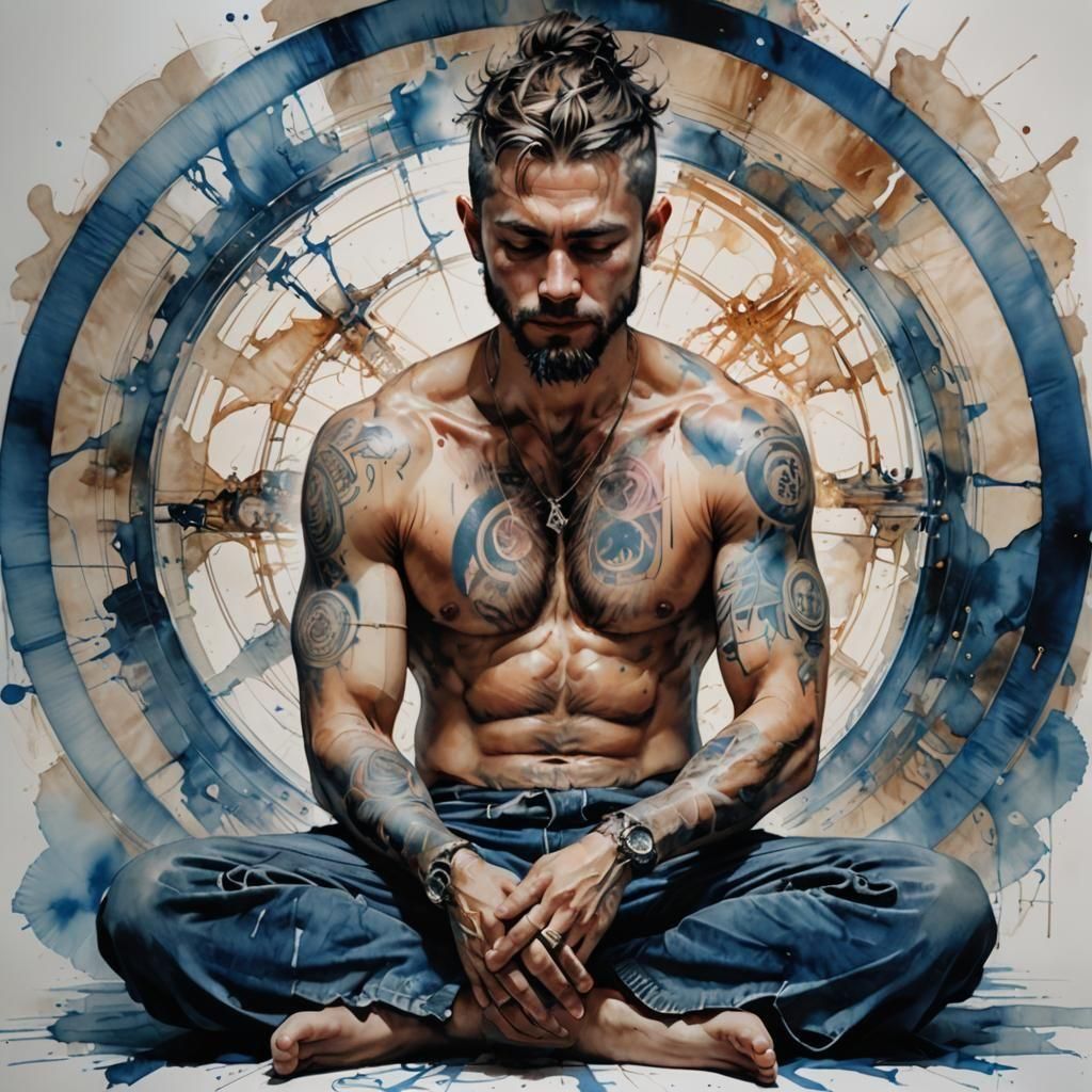 Man Meditating in Akashic Egg, Surreal Alcohol Ink Art