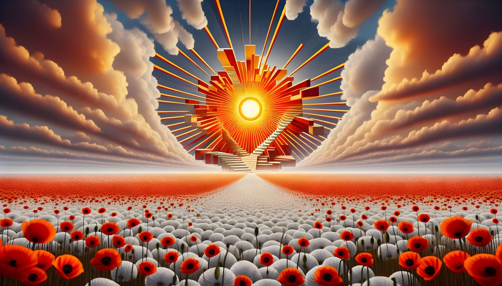 Surreal Poppy Field Under Cubist Escher Sun