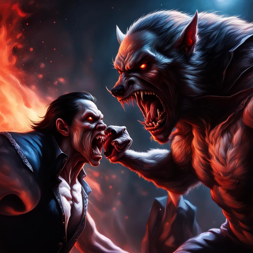 Vampire and Werewolf Battle in Hyperrealistic Splash Art