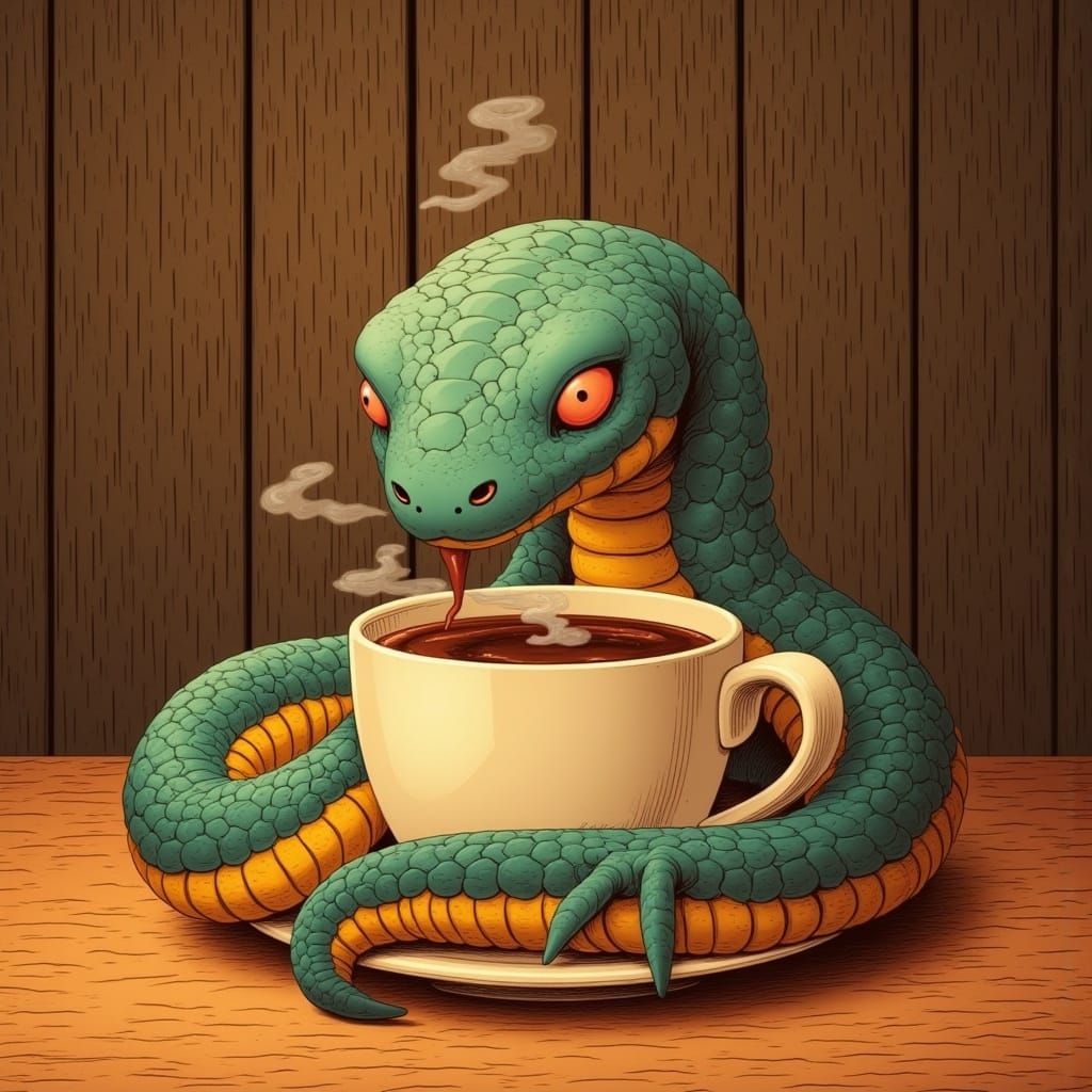 Snake Cozy Coffee in Rustic Wooden Setting
