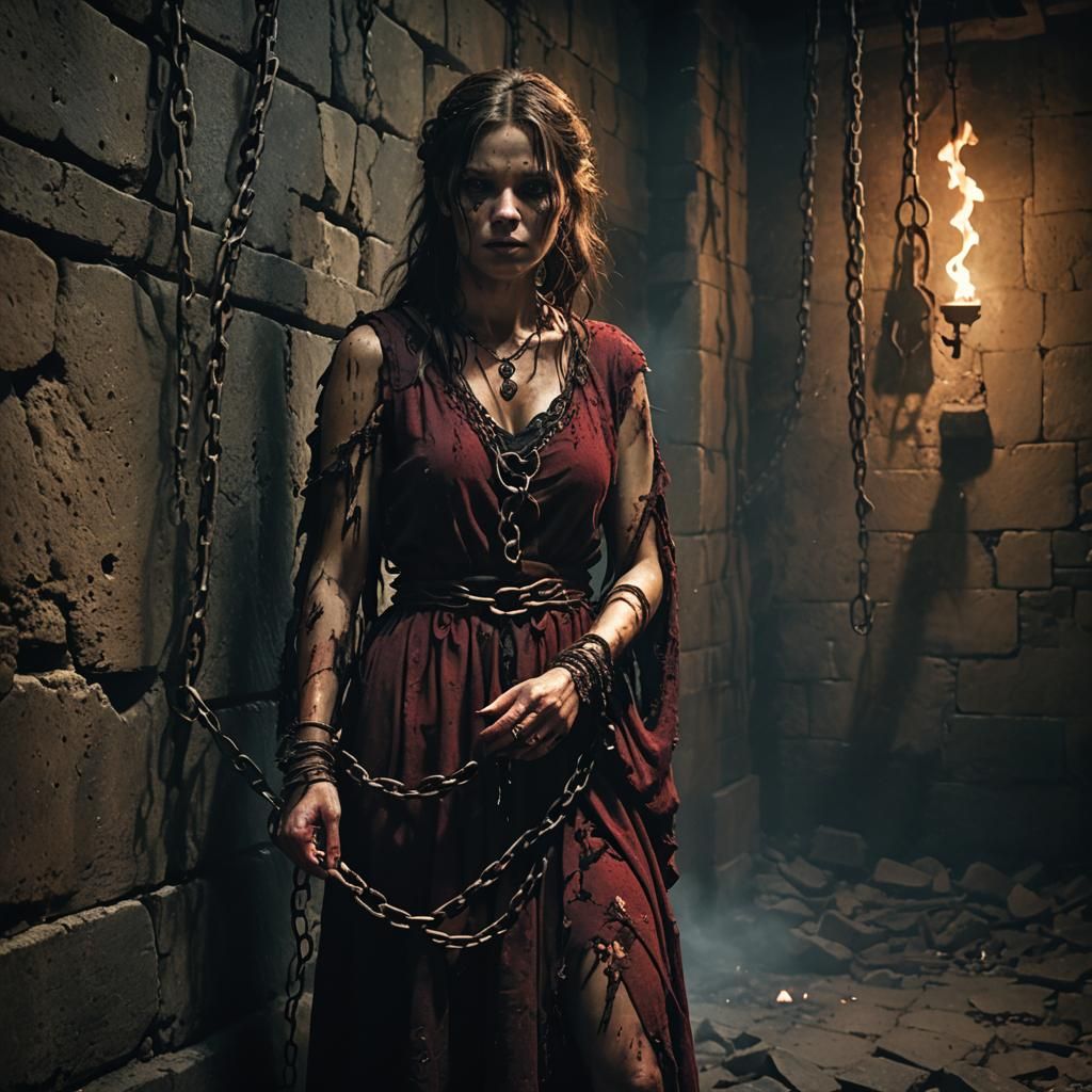 Ominous Dark Fantasy: Woman Chained in Ruins