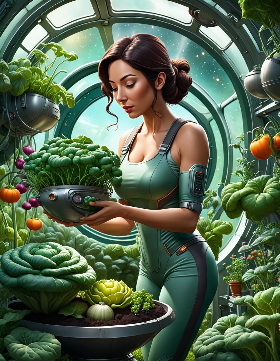 Woman Gardening in Spaceship: A Science Fiction Scene