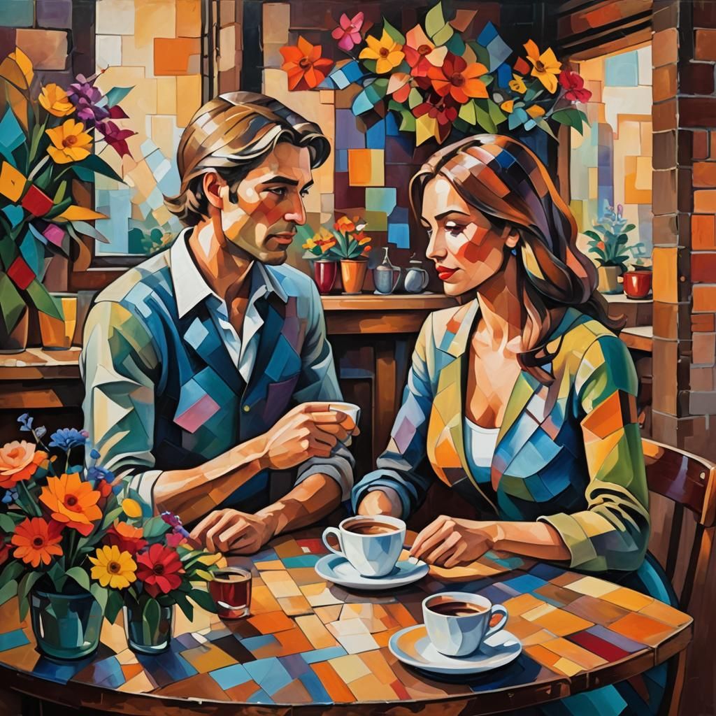 Cubist Cafe Scene with Geometric Shapes