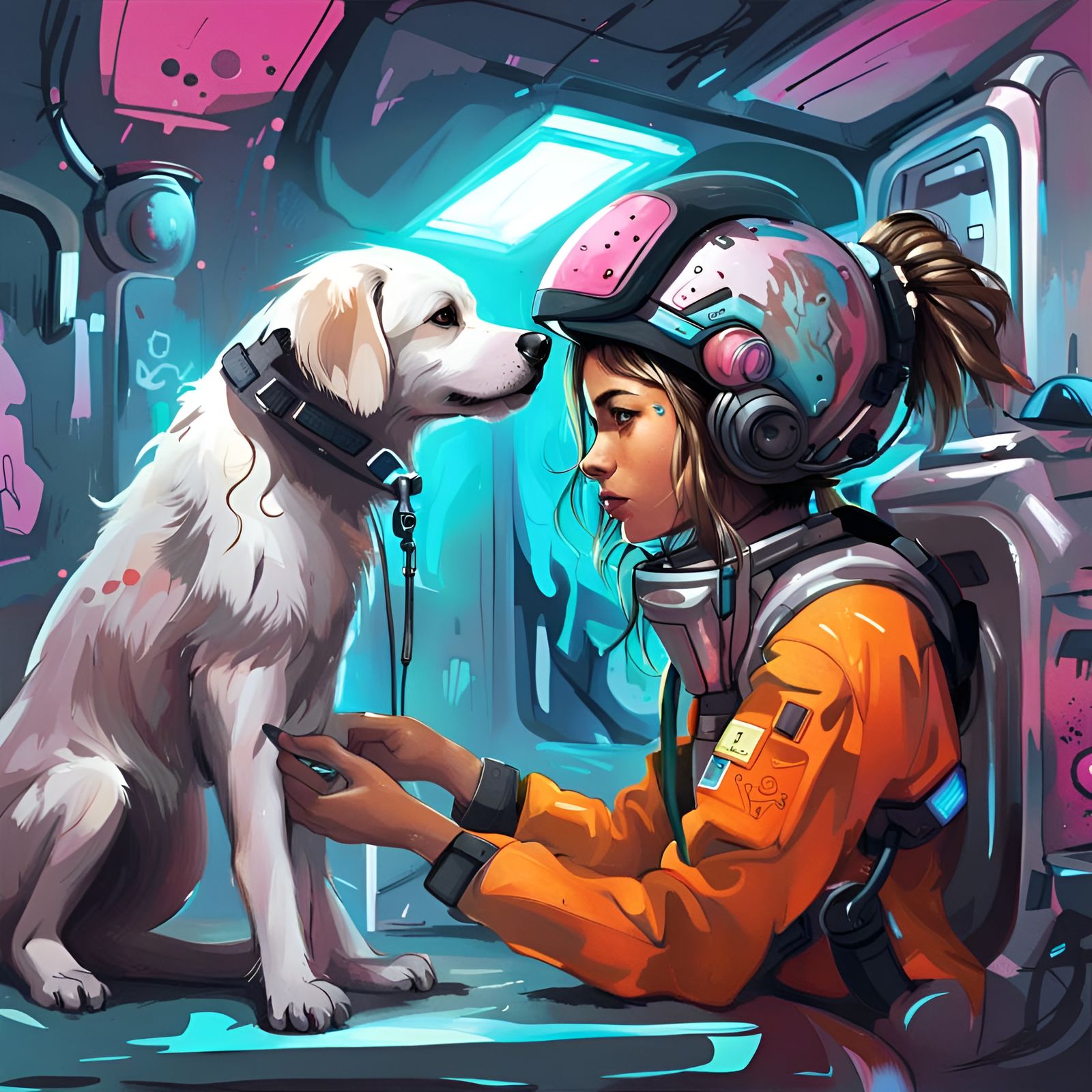 Futuristic Teenage Vet Assistant with Mutts in Graffiti Art
