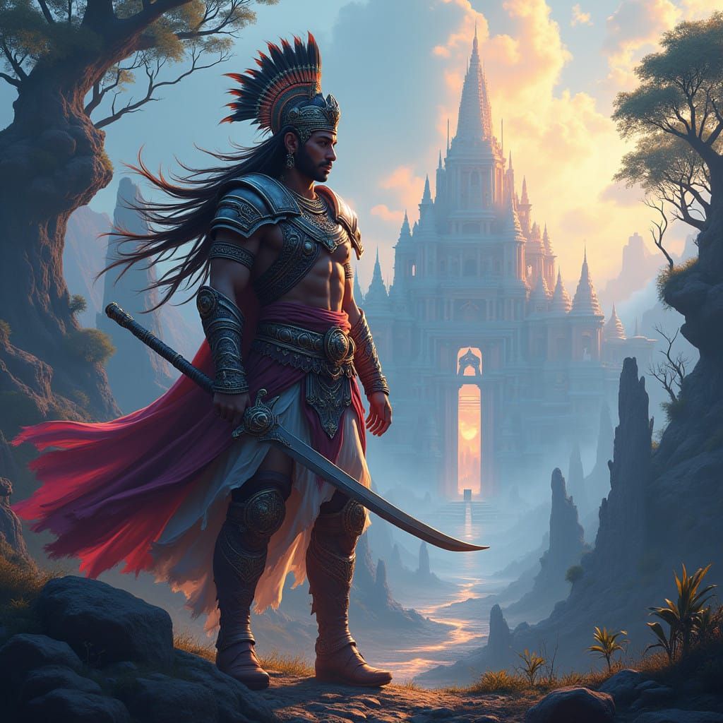 Epic Indian Warrior Amidst Ancient Ruins in Fantasy Concept...