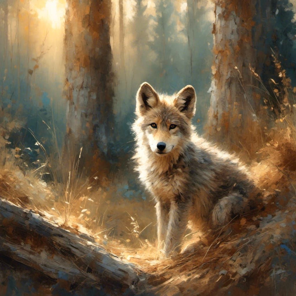 Curious Wolf Cub Portrait in Bucolic Style