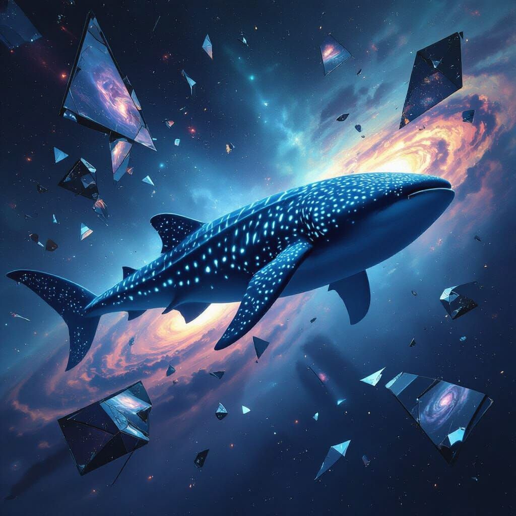 Whale Shark in Cosmic Nebula with Bioluminescent Runes
