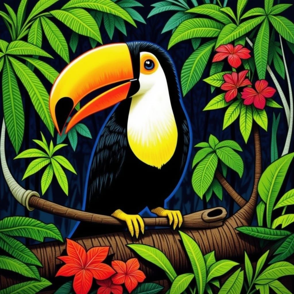 Vibrant Toucan in Lush Jungle Painting