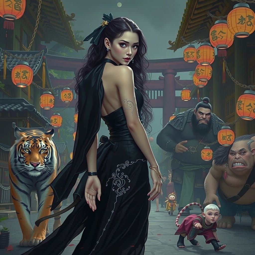 Mystical Witch Walks with Tiger through Feudal Japanese Vill...