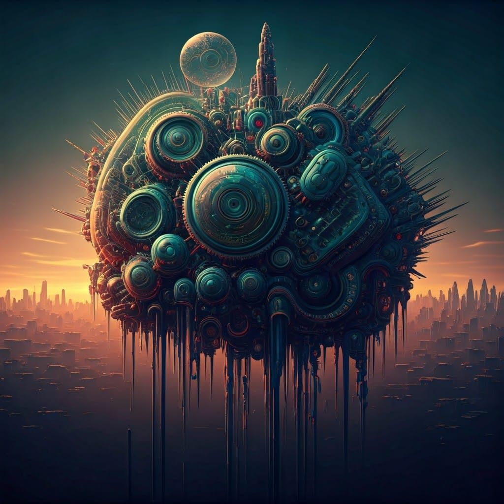 Surreal Chaotic Cityscape at Dawn: Electric Tension