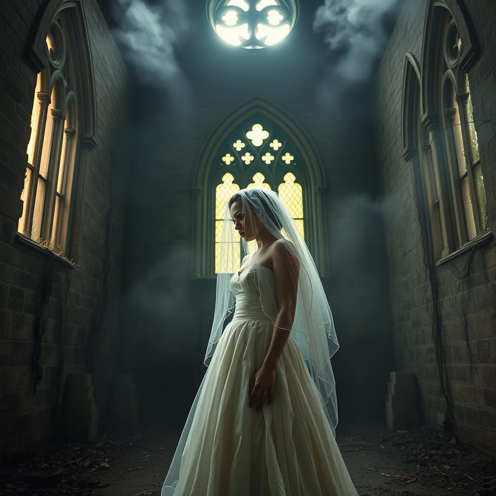 Ethereal Gothic Bride in Abandoned Church