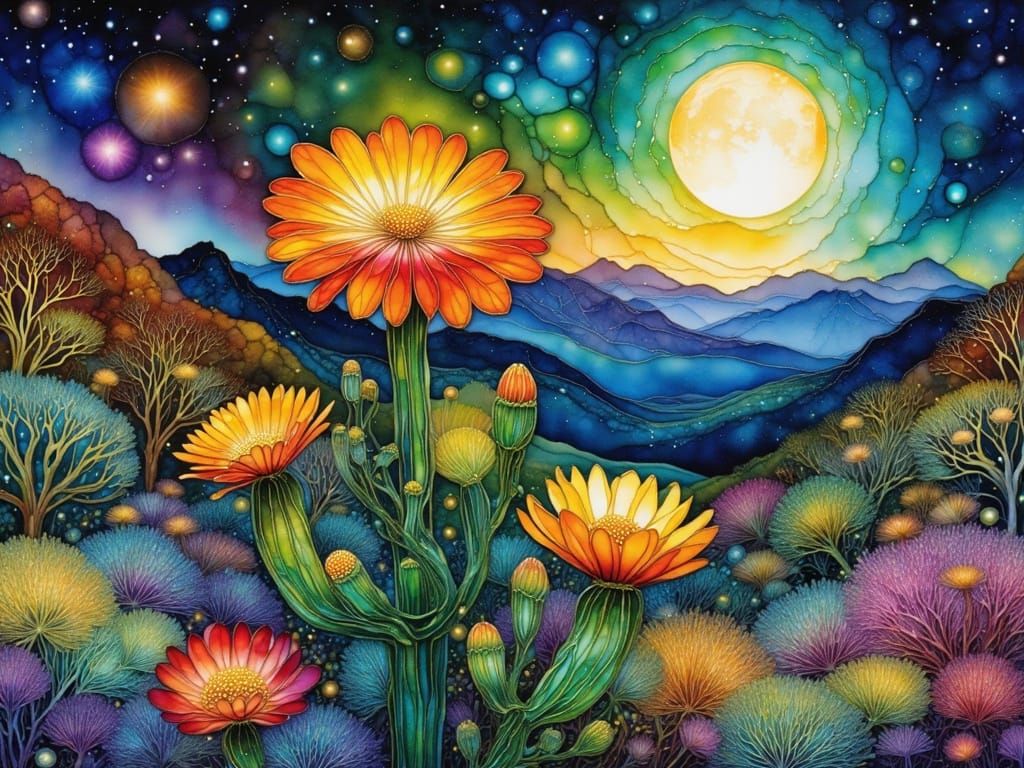 Flowering Cactus in Moonlight as Paper Landscape