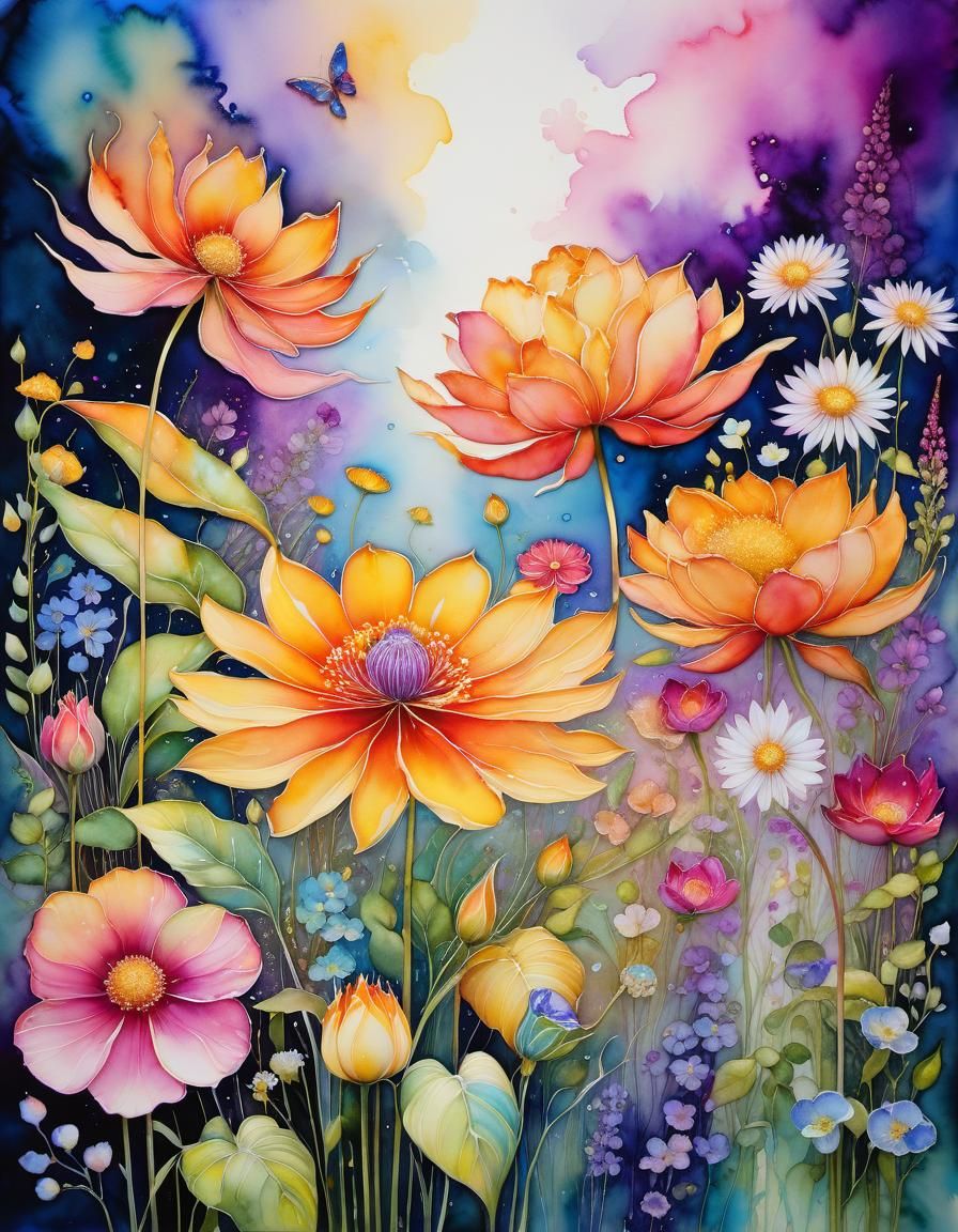 Colorful Flower Garden in Mixed Media