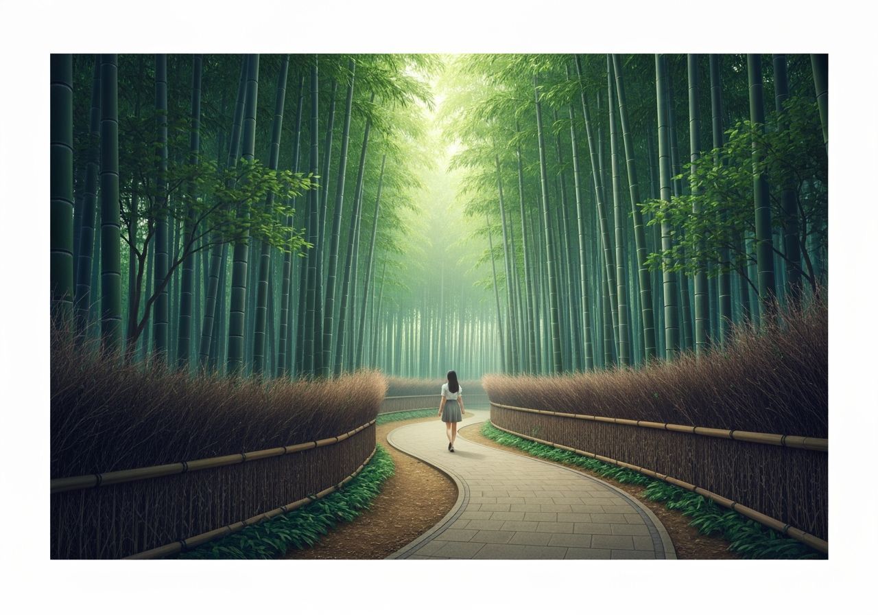 Serene Woman Walks Tokyo Bamboo Forest