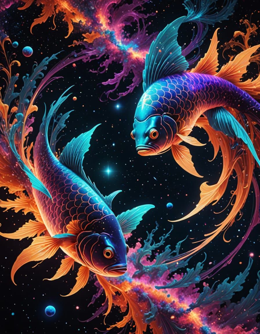 Ethereal Cosmic Fish Dance Amidst Vibrant Galaxy