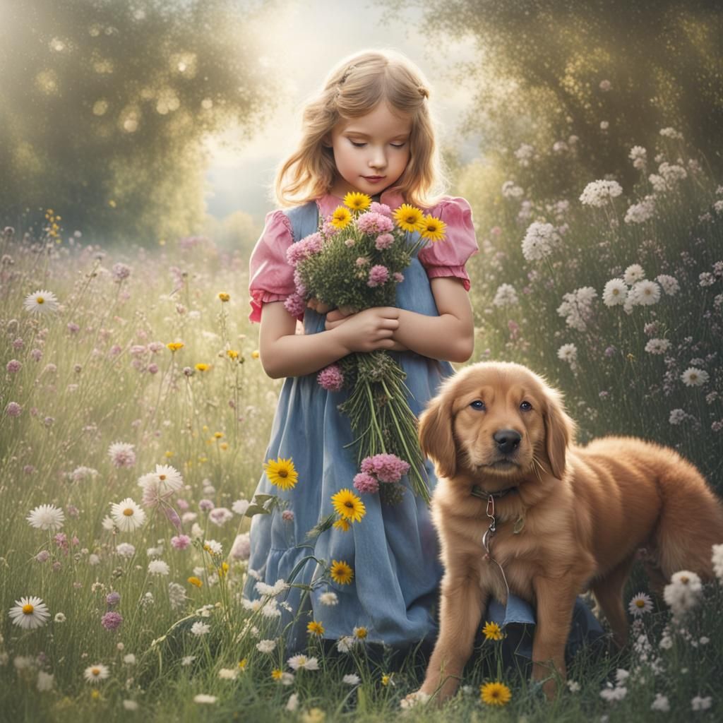 Girl and Puppy Play in Flower Field