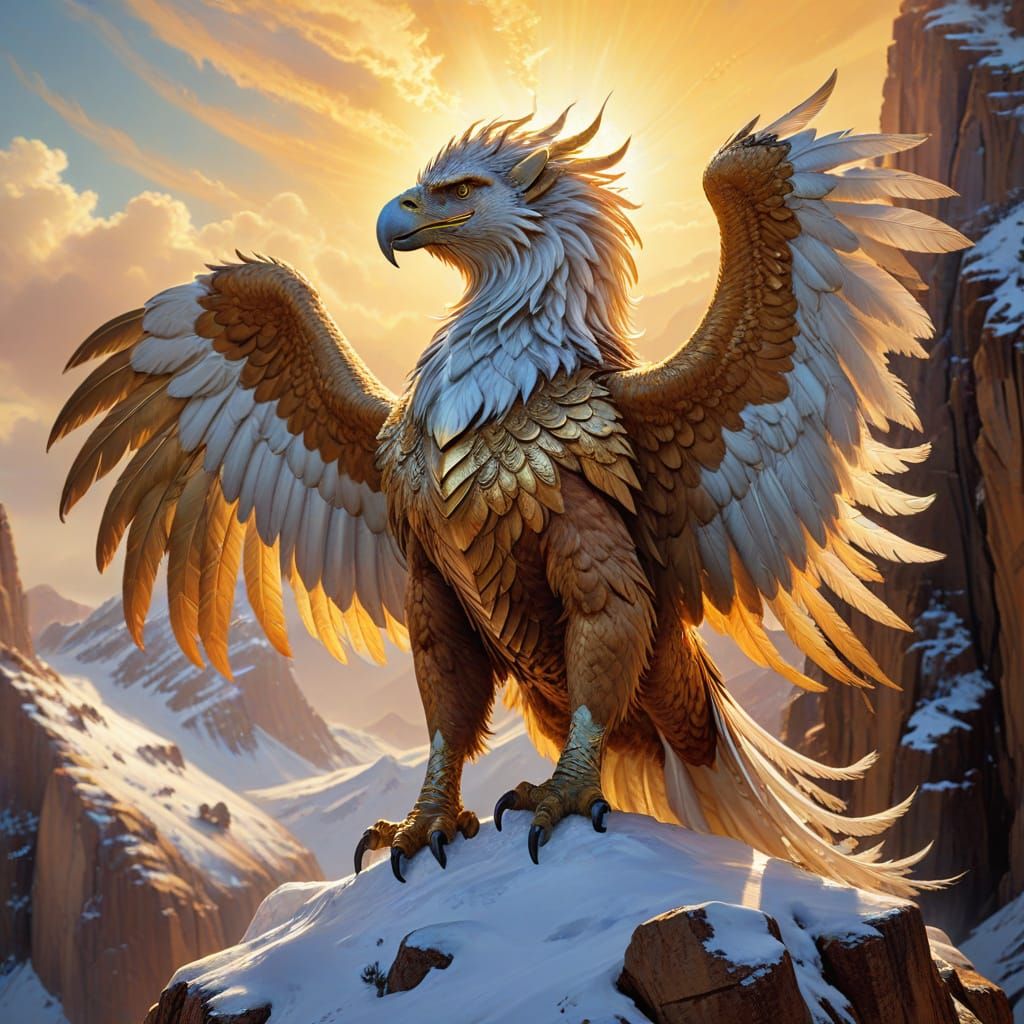 Majestic Griffin on Snow-Capped Peak in Fantasy Art