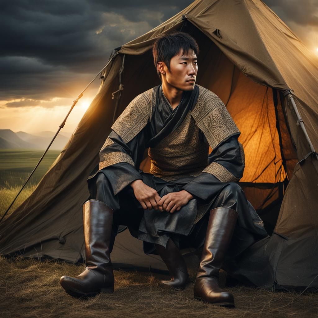 Asian Warrior Resting at Sunset: Hyperrealistic Portrait
