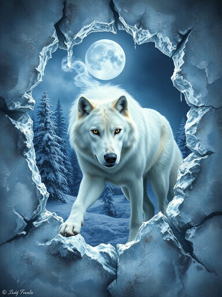 Winter Wolf Emerges from Cracked Ice Mural