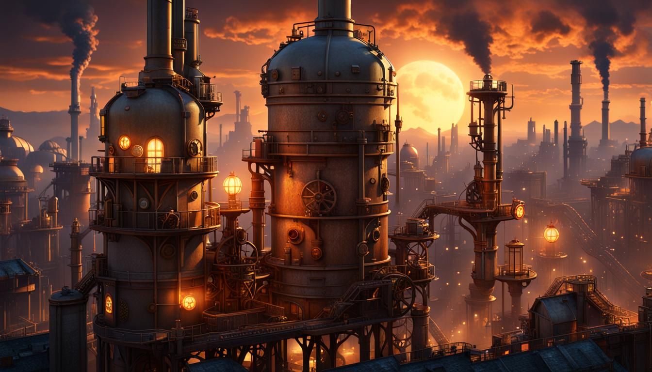 Steampunk Cityscape with Gears and Amber Lights