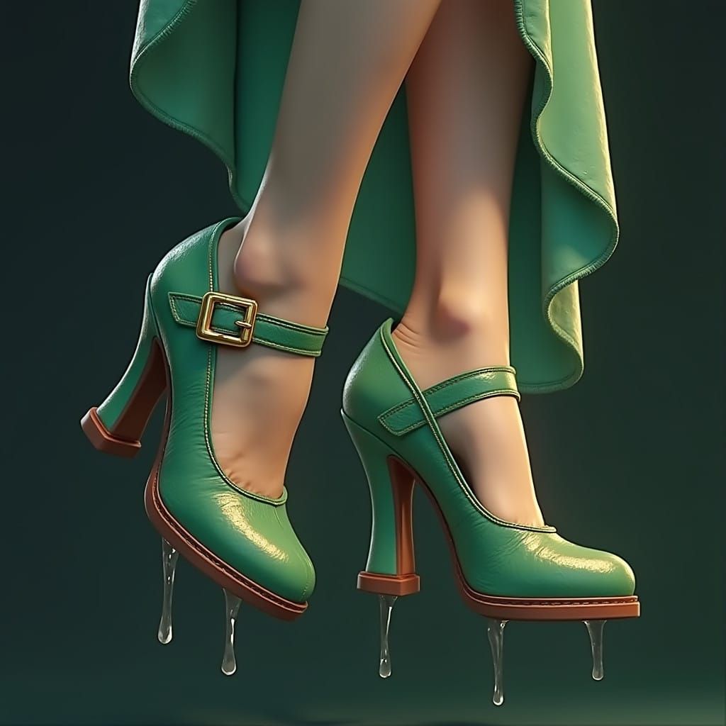 Woman's Feet in Vibrant Green Mary Janes Lifted by Glowing G...
