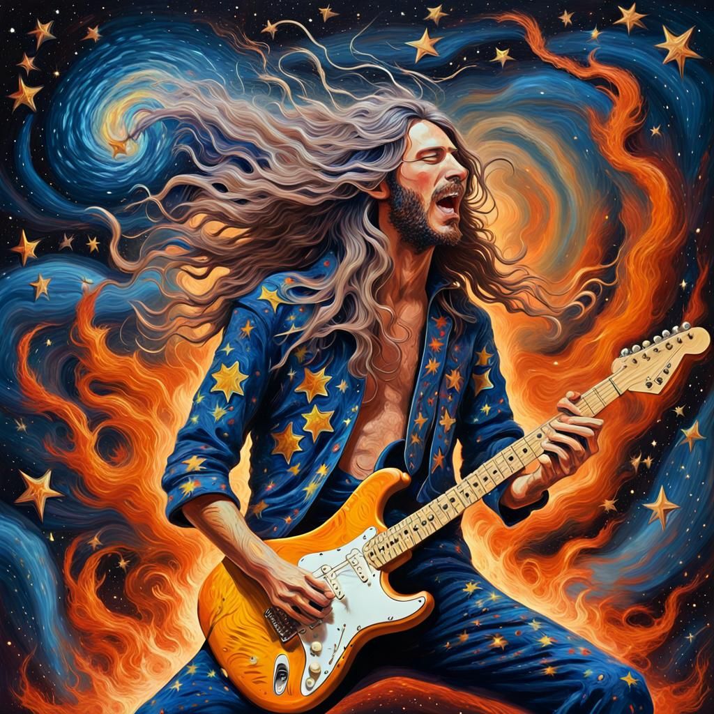 Electric Guitarist on Fire in Cosmic Surrealism