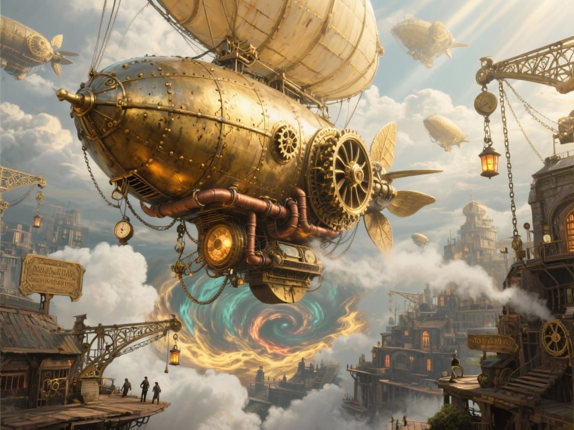 Colossal Brass Airship in Sunlit Clouds