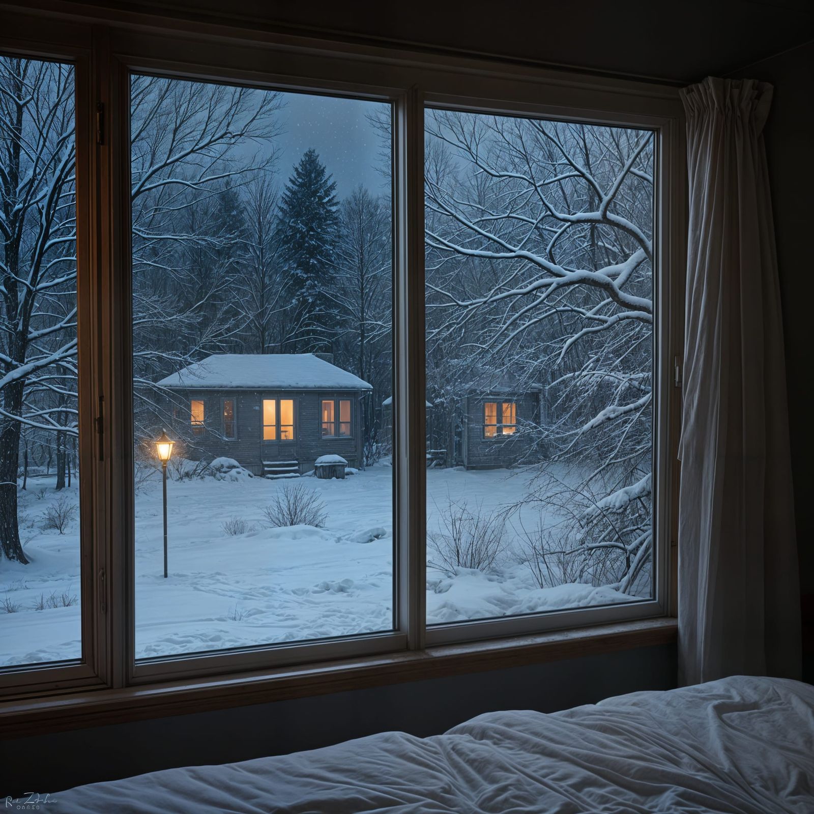Blizzard Outside Bedroom Window at Night