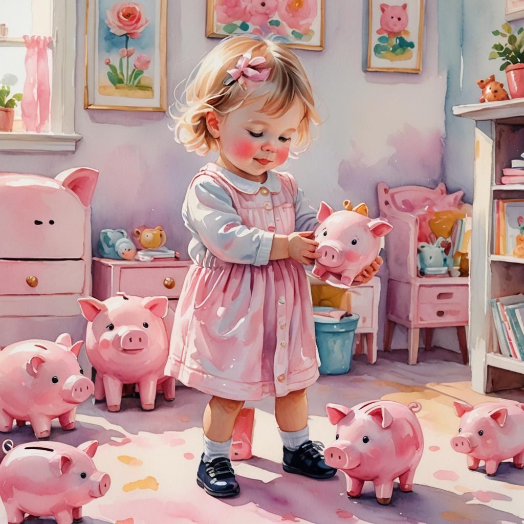 Toddler Hugs Piggy Bank in Whimsical Watercolor Style