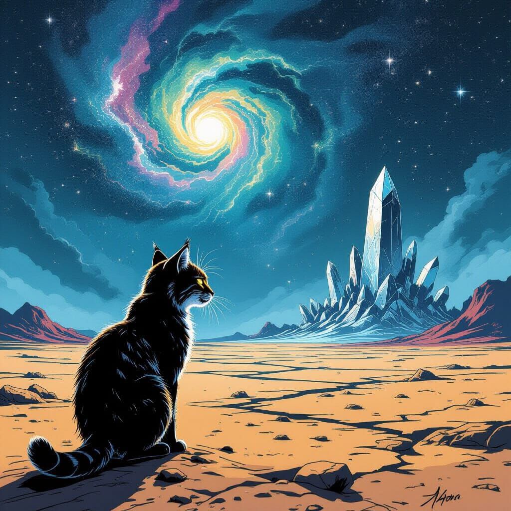 Bobcat on Cosmic Plain Under Nebulae Sky