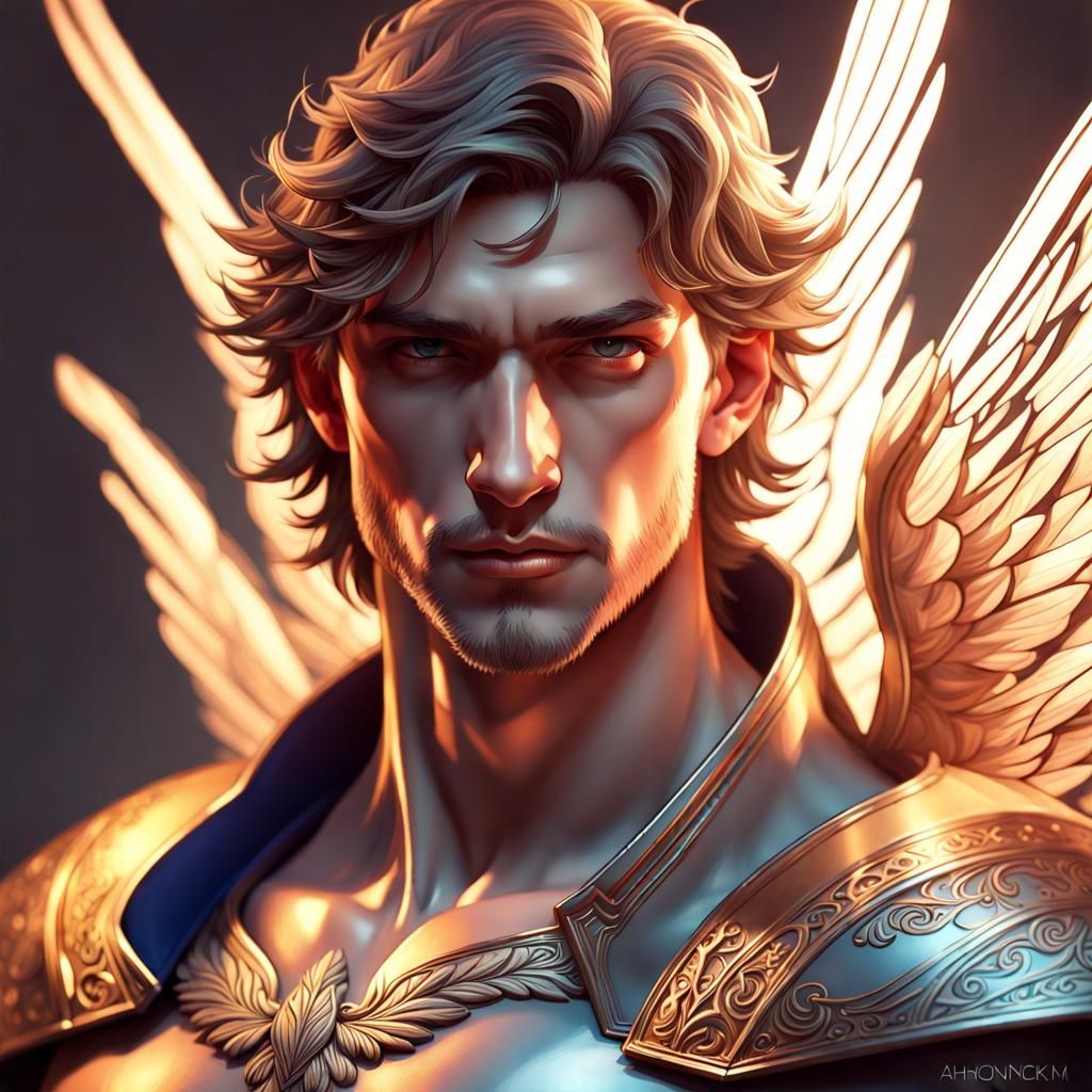 beautiful male angel's face covered in light