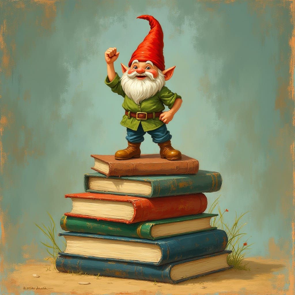 Triumphant Gnome King on Art Book Mountain