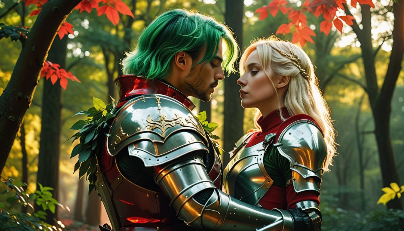 Knights' Passionate Kiss in Dystopian Surrealism