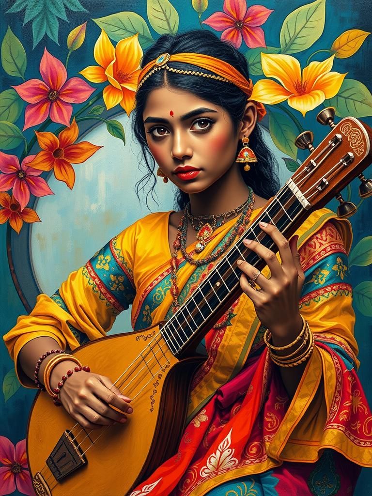 Indian Woman Sitar Player in Surreal Expressionist Style
