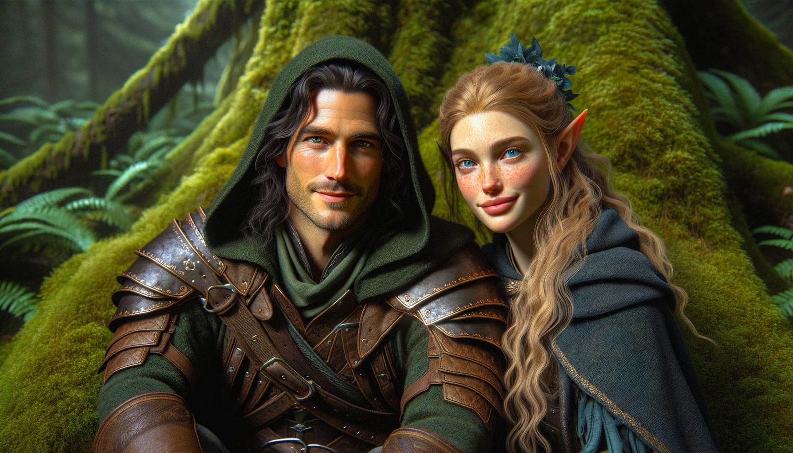 Rugged Ranger and Elven Companion in a Forest Oasis