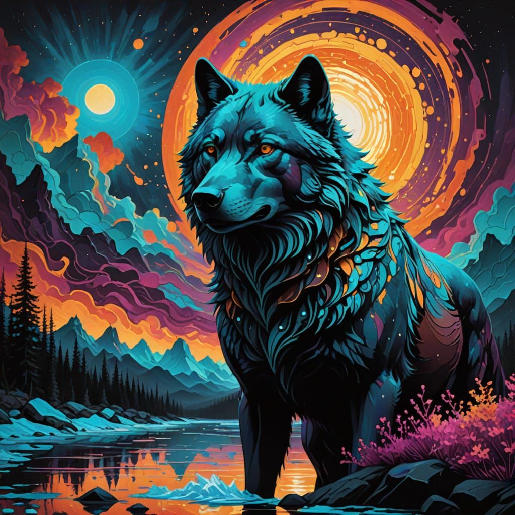 Surreal Wolf Silhouette in Iridescent Shadows with Radiant C...
